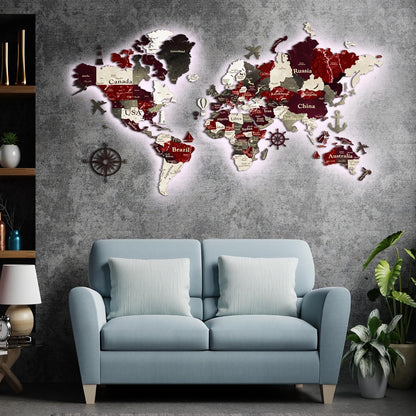 🌍 3D Wooden World Map 🪵✨ – LED Wall Art for Travel Lovers 🌟